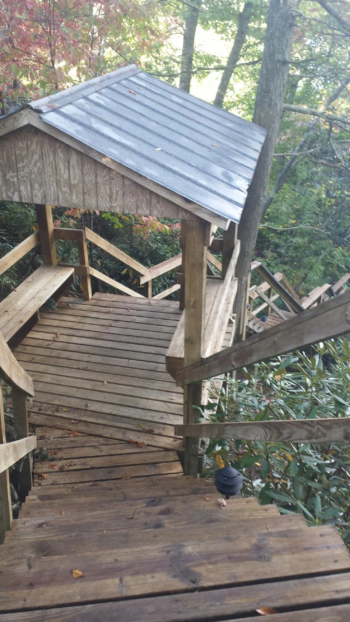 Metal roofed shelter over wooden steps on a wooded walkway — Skylight Repair & Installation work by our crew in Tres Pinos
